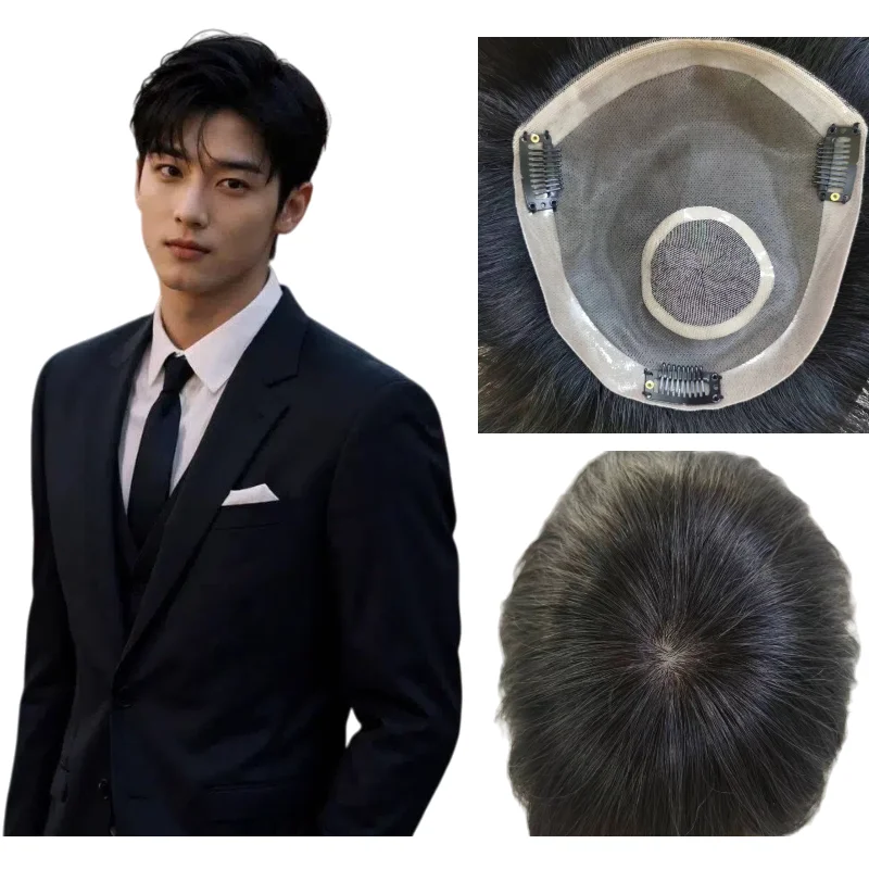 قطعة شعر رجالية 100% شعر بشري أحادي القاعدة 6 بوصة قصيرة حافة PU دانتيل أمامي مع أمشاط يدوية بالكامل مربوطة شعر مستعار أسود #1