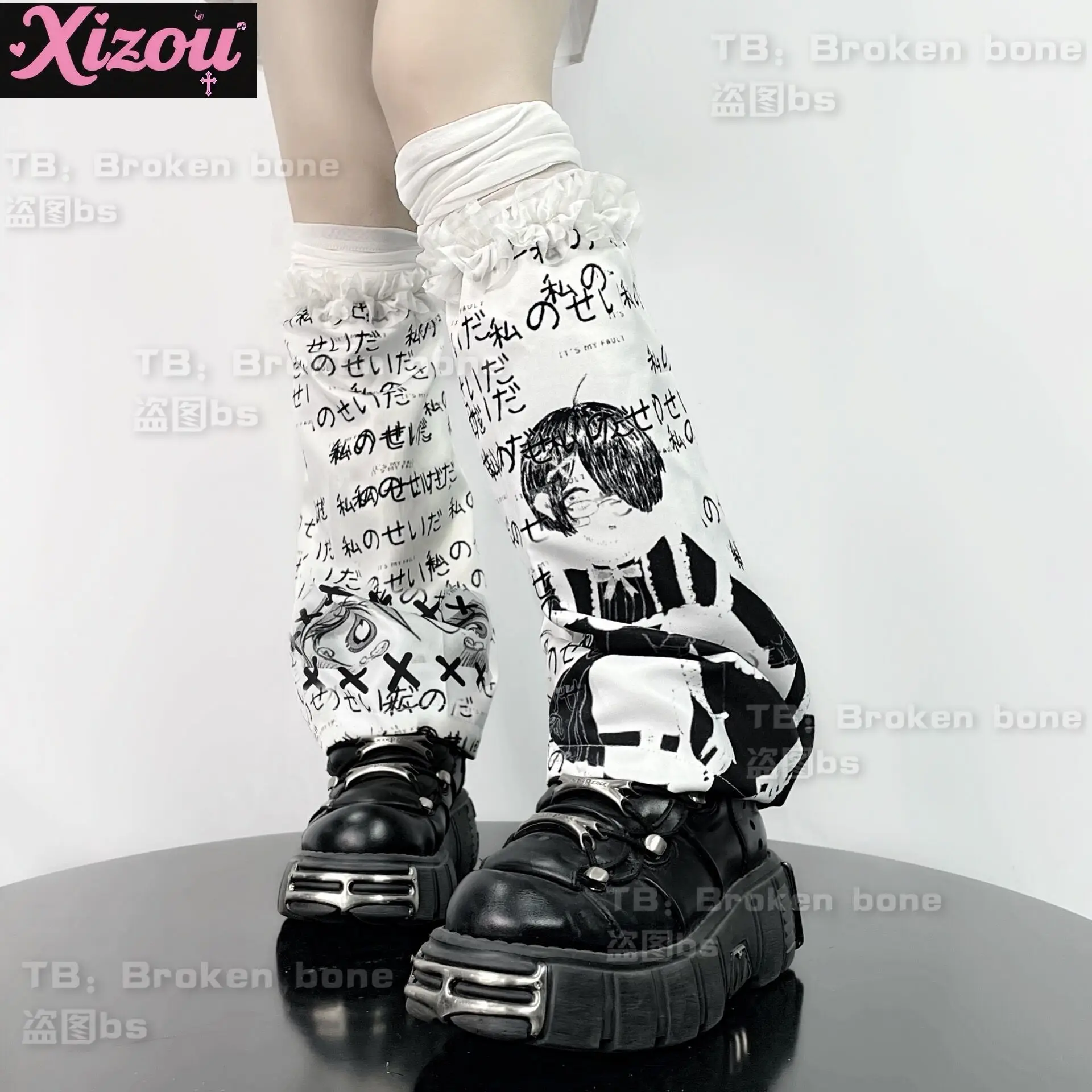 Calentadores de piernas subcultura Y2k para mujer, calcetín largo japonés Harajuku, cubierta para pies, parche de encaje con estampado Kawaii de dibujos animados, puños para botas