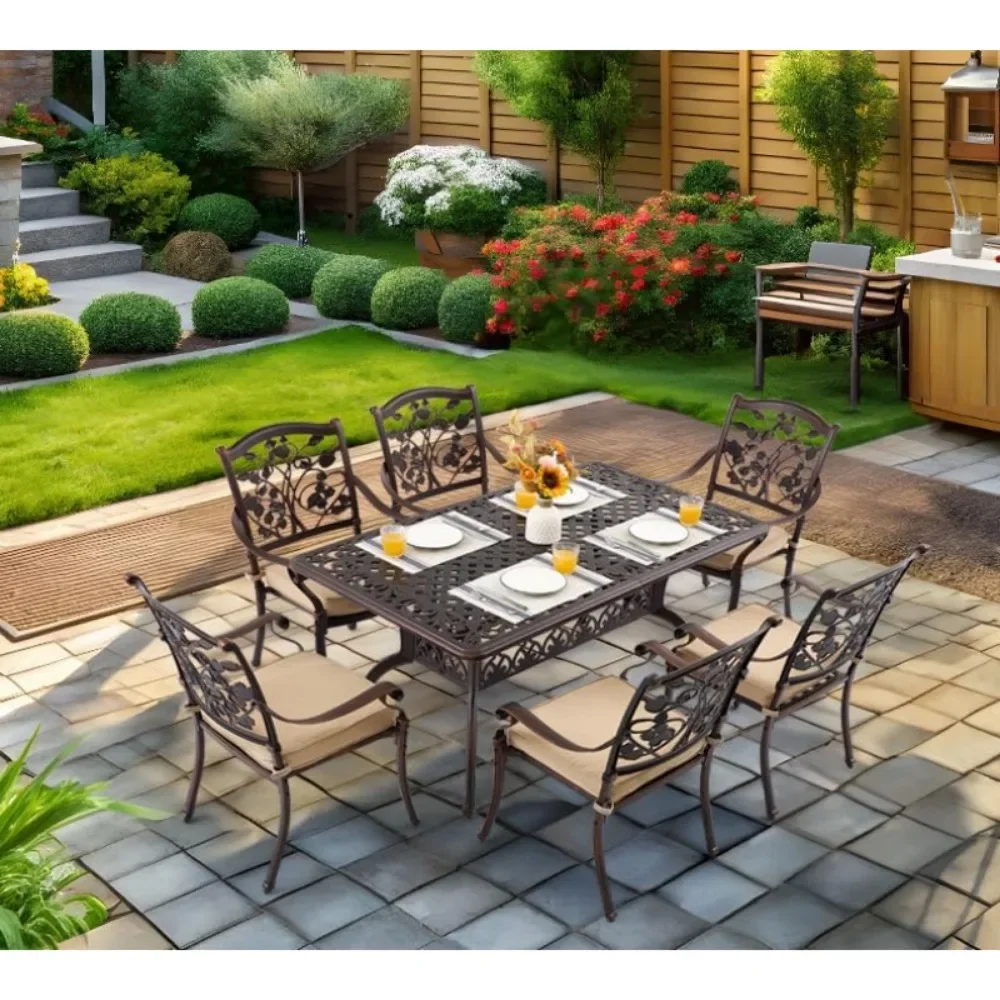 7 Piece Strawberry Outdoor Dining Set Cast Aluminum Retro Patio Dining Set for 6 includes  Rectangular Table and 6 Chairs with
