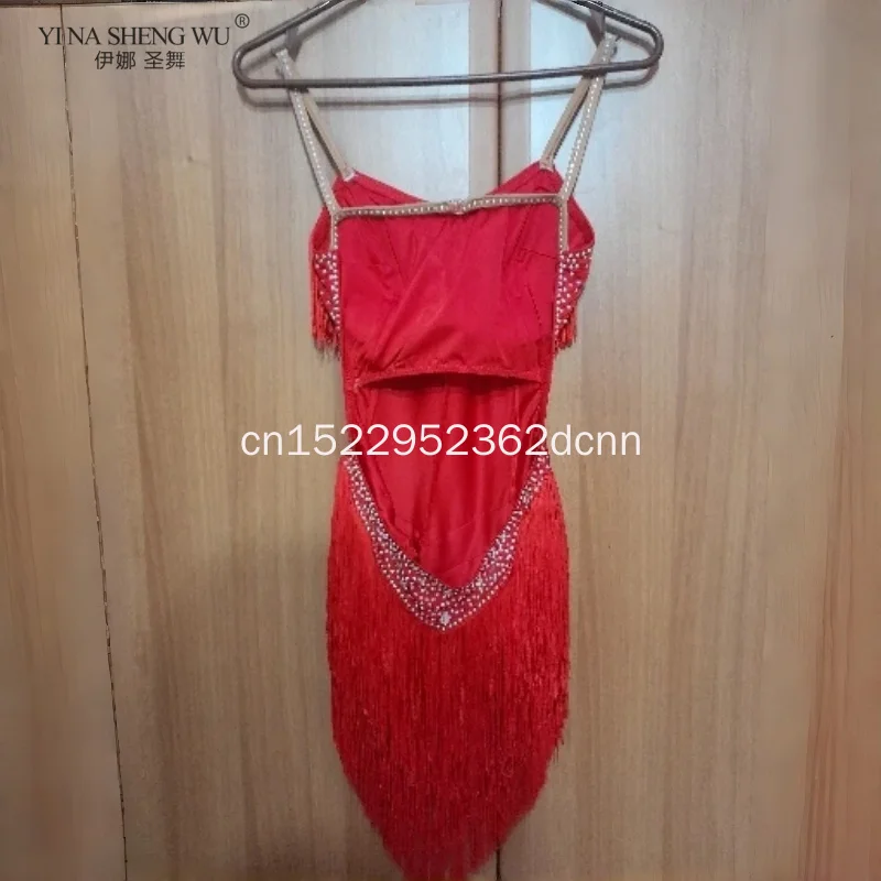 فستان الرقص اللاتيني أزياء المنافسة تنورة أداء أحجار الراين الكبار الأطفال شرابة ألوان مختلفة أحمر برتقالي أزرق وردي