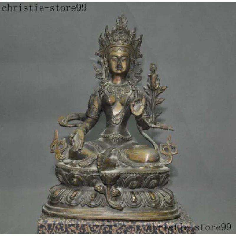 Old Tibetan joss Buddhism Pure Bronze Lotus Tara Guanyin Kuan-Yin Buddha Statue