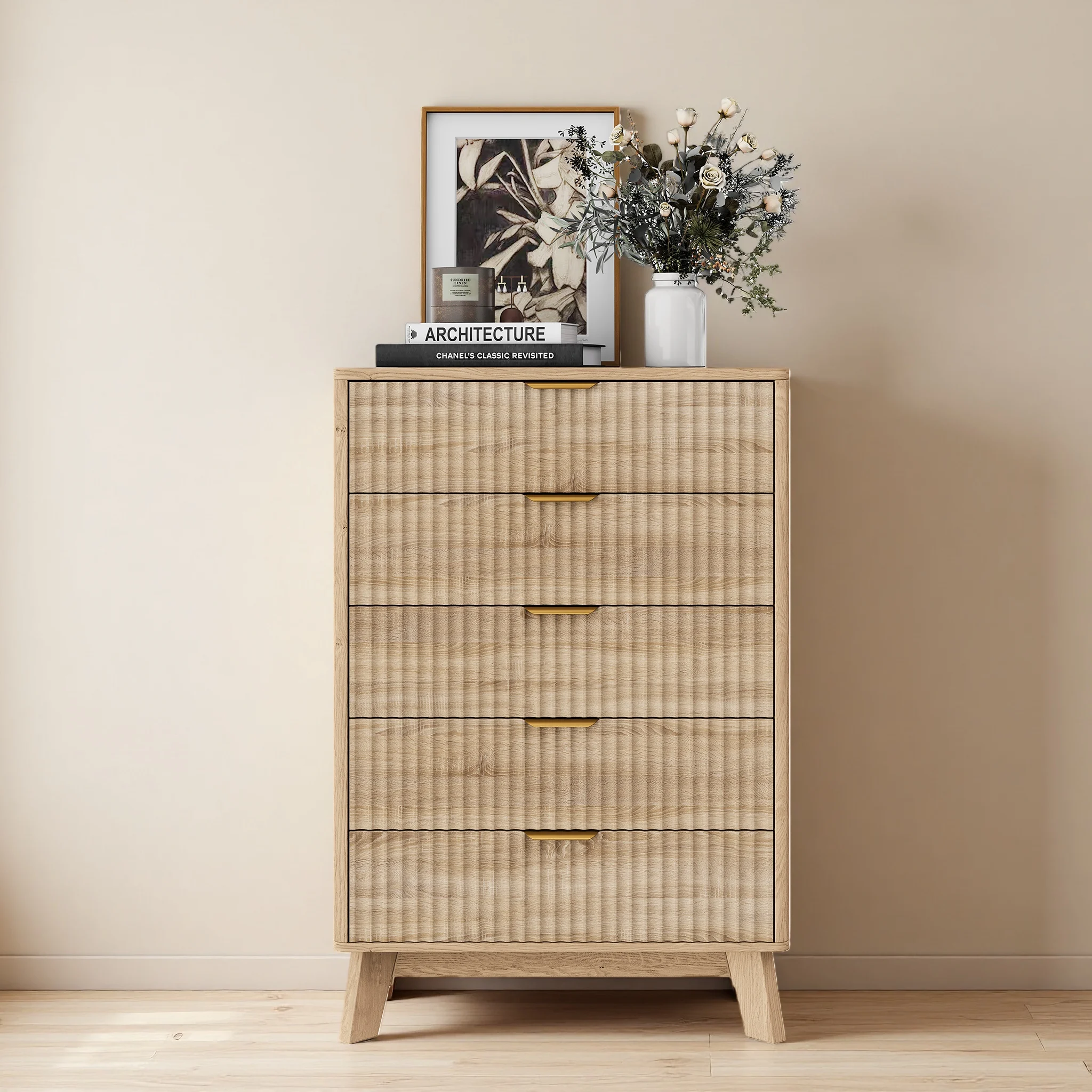 Comanlai Cómoda de 5 Cajones, Cajonera de Madera con Diseño de Paneles Acanalados, Mueble Organizador para Dormitorio y Sala de Estar