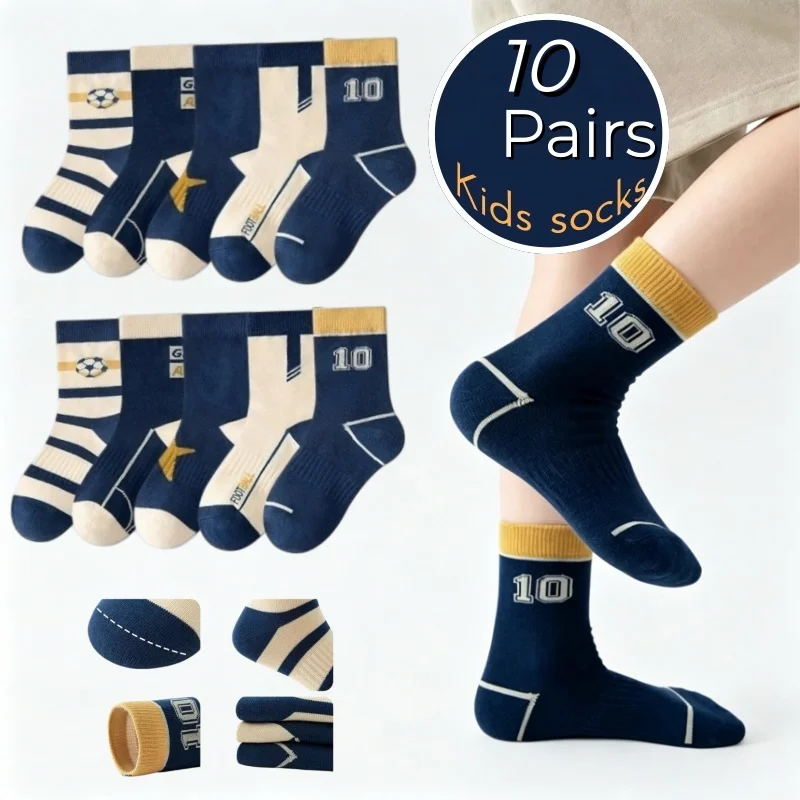 10 Pairs Kids Socks 3-12T Boys Soccer Crew Socks Cotton Striped Pattern Mid Calf Socks Breathable Children Sport School Socks