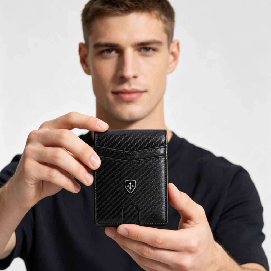 Baellerry Carbon Fiber Men's Short Bi-Fold Wallet, Rfid Anti-Theft Ultra-Thin Bank Card Holder with Id Window, Pocket-Sized Portable Wallet Suitable for Travel, Outdoor, and Campus Use, Men's Holiday Gift Wallet