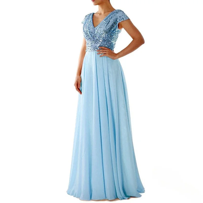 

Summer New Style Elegant A-line Skirt Pullover Dress Fashionable V-neck Sequin Chiffon Patchwork Evening Dress Long Skirt 2025