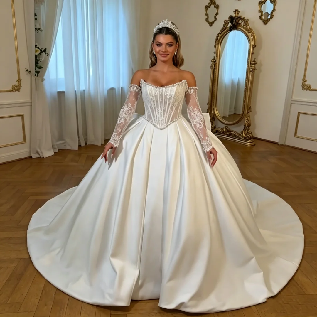 Vestido De Novia Off Shoulder Satin Ball Gown Wedding Dress Detachable Lace Long Sleeves Corset Bridal Gown Chapel Train Custom