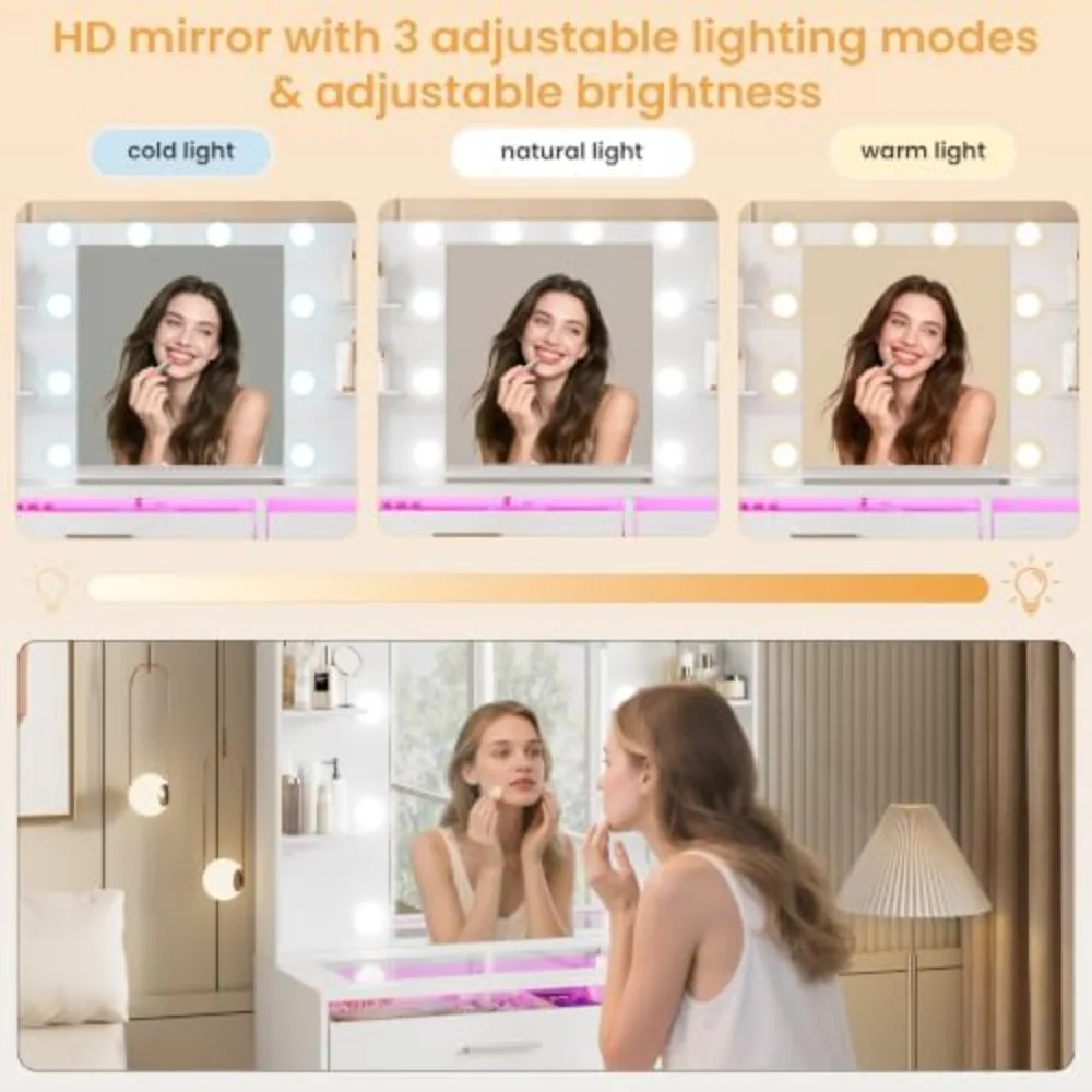Small Makeup Vanity Desk with Glasstop and LED Lighted Mirror | 10 LED Bulbs,3 Adjustable Lighting Modes,Built-in RGB