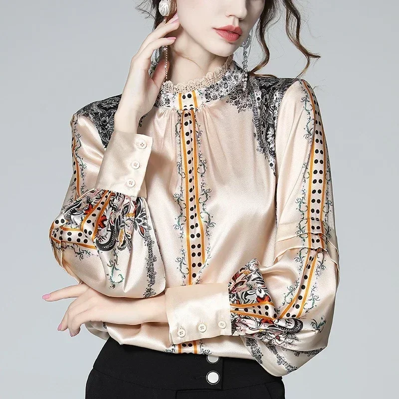 3XL Luxury Print Women Shirt Vintage Button Up Long Sleeve Blouses Office Turn Down Collar Satin Tops Блузки Рубашки