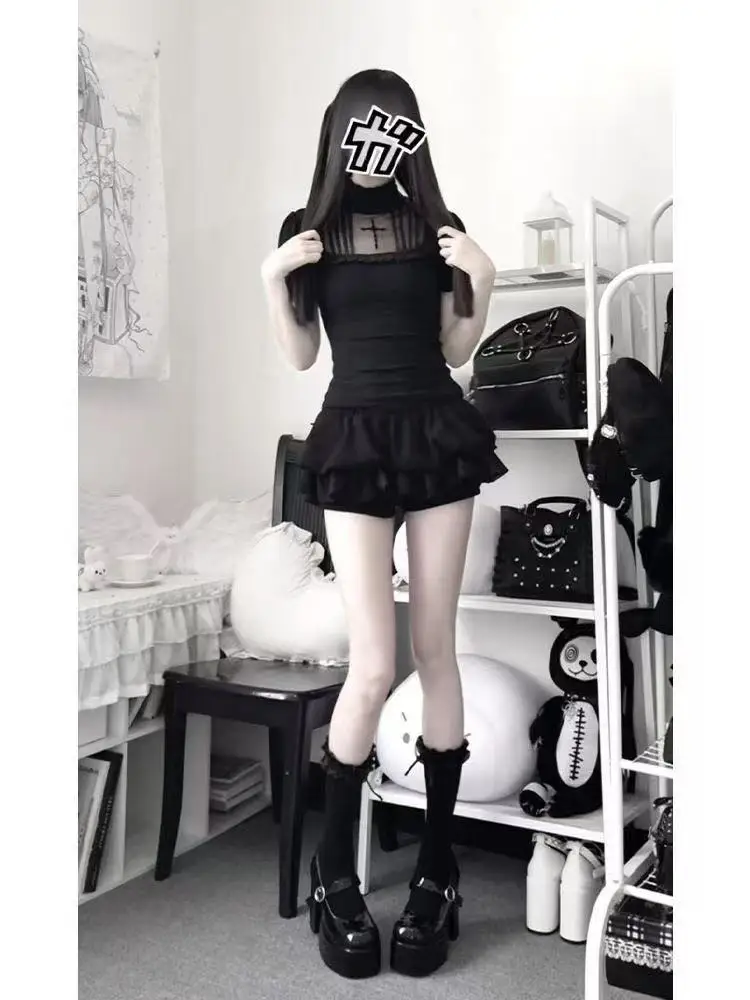 Gothic Kawaii Jirai Kei 2 Piece Set Women Petite Puff Sleeve Lace Bow Ruffle Mini Skirt Corset Top Party Outfit 2026
