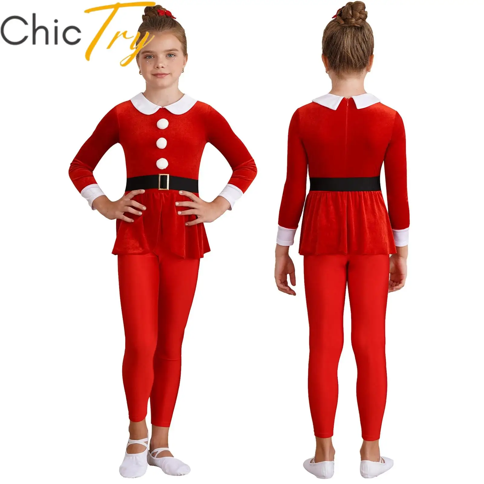 Girls Christmas Gymnastics Leotard Costume Santa Claus Ballet Jumpsuit Training Figure Skating Dancewear Ballerina Performance