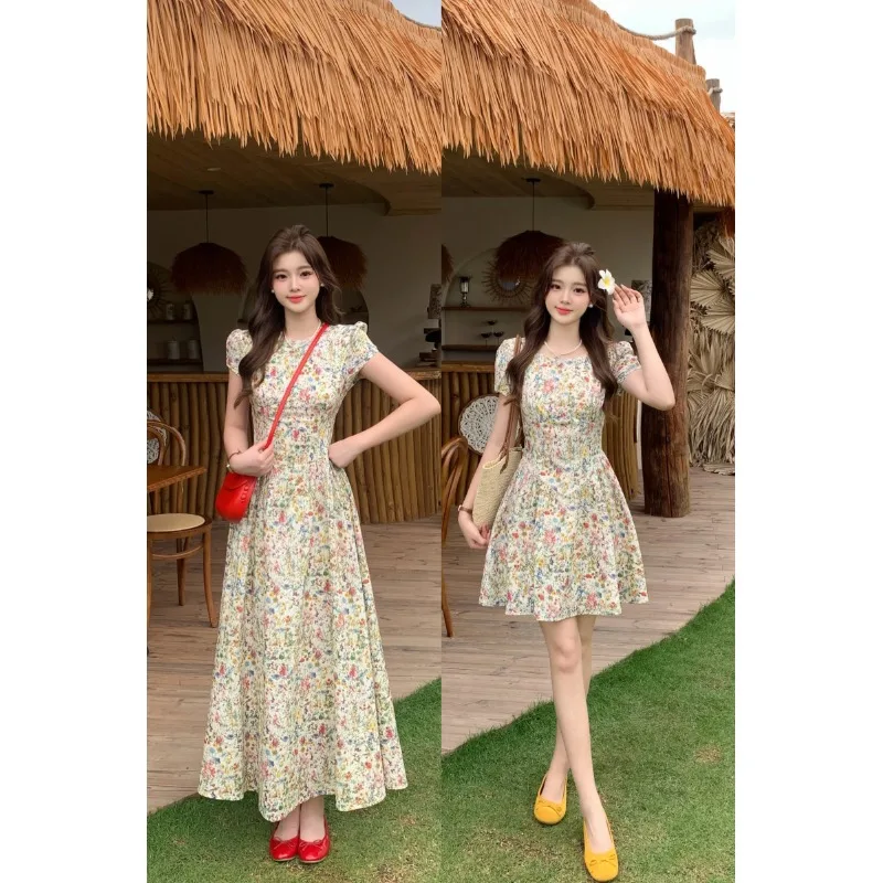 

Elegant plus Size Retro Floral Print Dress round Neck Waist Cinching Conceal Meat Slimming Oil Painting Feeling Midi Dress
