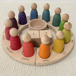 Wooden Perpetual Calendar Peg Dolls Figures Kids Learning Time Toys Open Ended Play Game Year Advent Calendar for Children