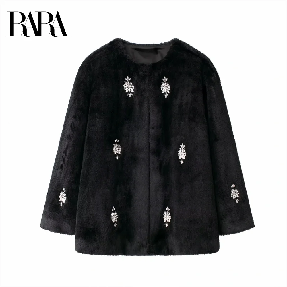 2024 RARA Autumn/Winter New Women's Clothing Luxury Fashion Jewelry Inlay Artificial Fur Long Sleeve Coat