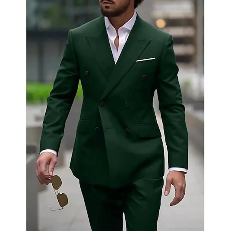 

Double Breasted Green Men Suits High Quality Peak Lapel Regular Length Prom Party 2 Piece Jacket Pants Sets Costume Homme 2024