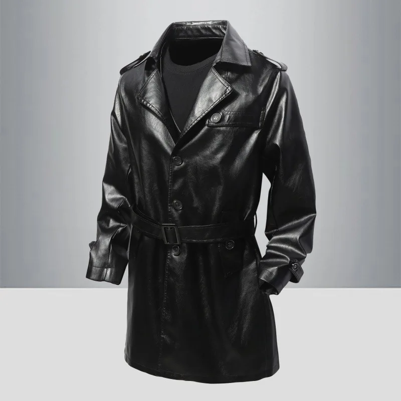 

Осенняя мужская кожаная куртка, новая мужская ветровка средней длины с отложным воротником, однотонное водонепроницаемое мужское пальто с длинным рукавом