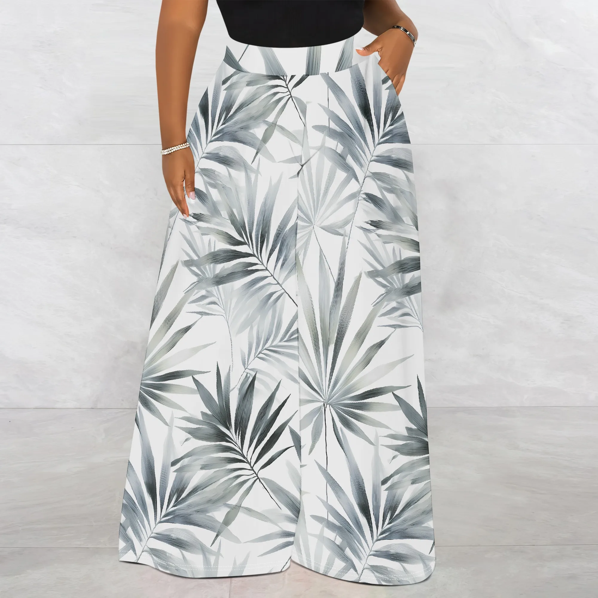 Tropical Palm Print Wide Leg Pants, High Waist Palazzo Trousers, Summer Beach Vacation Wear, Casual Loose Fit for Women, S-3XL