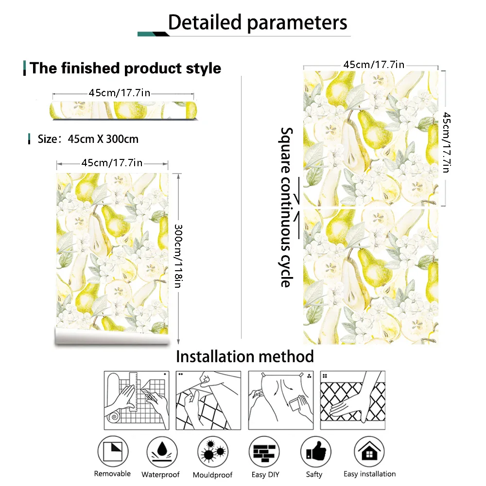 Peel and Stick Fruit Pattern Wallpaper Pear Tree Floral Wall Sticker Kitchen Cabinet Decor Self-Adhesive Wallpaper
