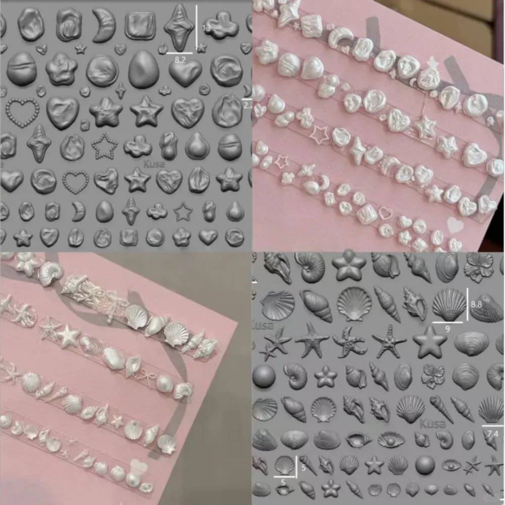 Fishing Line Pearl Bowknot Marine Shell Gemstone Nail Art Mold Stamping Carved Silicone Mold DIY Template Stencils Reusable Tool