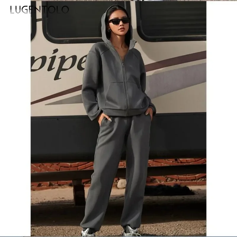 Women Hoodie Two-piece Set Fall 2024 New Zipper Kangaroo Pocket Cardigan Casual Straight Pants Fashion Sports Street Outfits