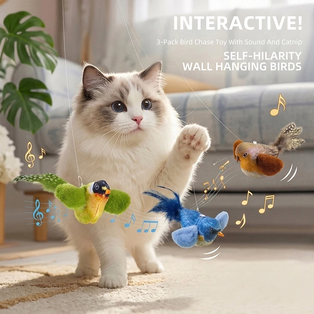 Interaktives Katzenspielzeug mit Realistischem Vogelgeräusch, Katzenminze, Wandmontage, Elastisches Seil, Kratz- und Bissresistent, Langeweile-Linderung, Haustierzubehör