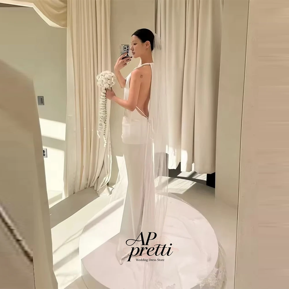 AP pretti Elegant Soft Satin Korea Wedding Dress Photo Shoot Halter Customized Sleeveless Bridal Gown Floor-Length 웨딩드레스 2026