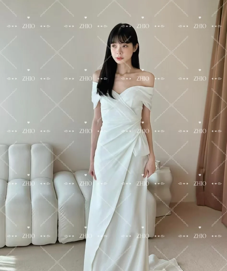 ZHIO elegante vestido de novia con hombros descubiertos, plisado de marfil, corte en A, tren de barrido, sesión de fotos de Corea, vestido de recepción nupcial personalizado
