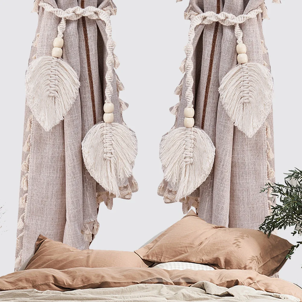 Bohemian Leaf Curtain Tiebacks Hand Woven Hanging Rope Wooden Bead Curtain Buckles for Bedroom Living Room Home Decor Accessory