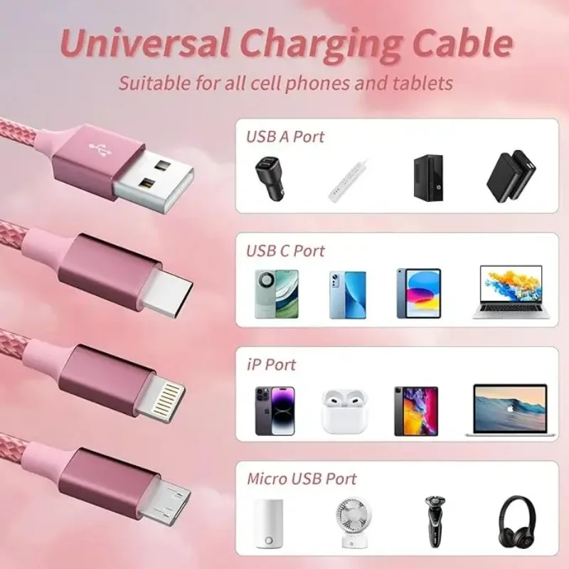 3 w 1 różowy kabel USB do szybkiego ładowania typu C Usb Micro dla Iphone Samsung Huawei Xiaomi Multi Port przewód do ładowania