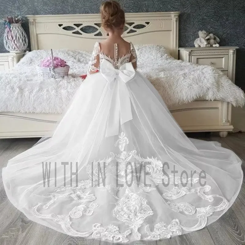 

Customized Flower Girl Dress White Lace Removable Trailing Bow See-through Sleeves for Birthday Party First Communion Dress