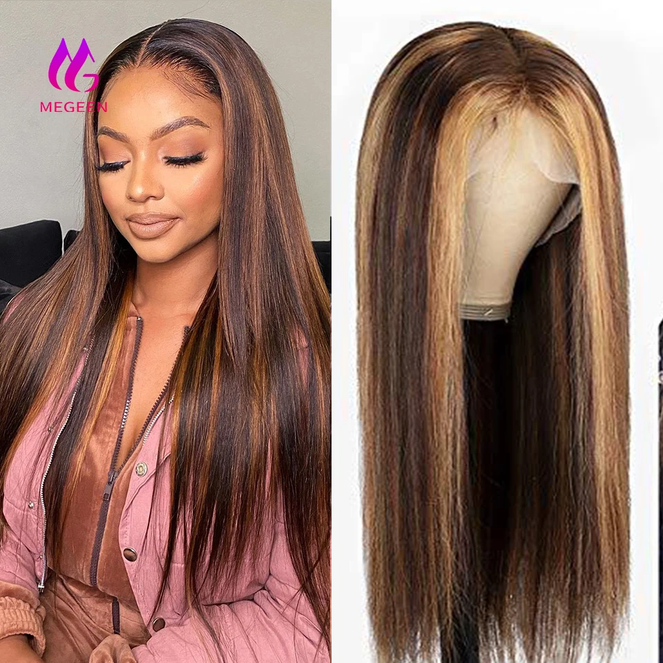 

Megeen 100% Human Hair Highlight P427 Colored Straight Pre Plucked Honey Blonde Lace Front Wig 13X4 Lace Front Wig Human Hair