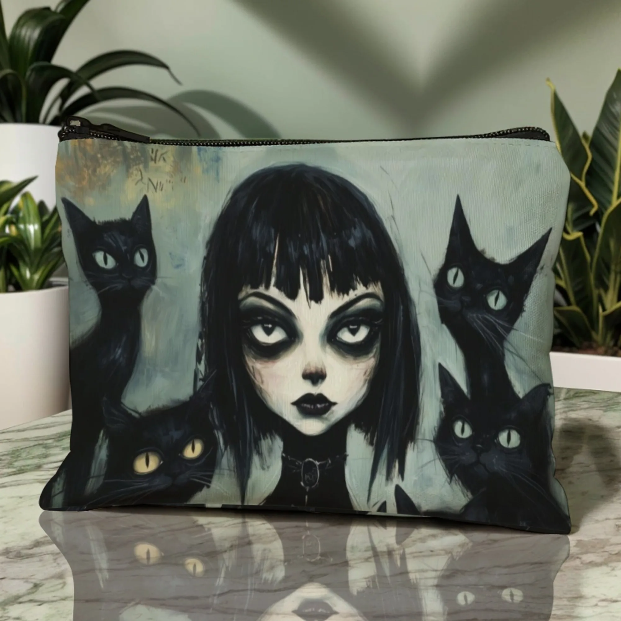 Halloween Art Makeup Bag Gothic Girl & Black Cats Print Durable Zipper Travel Organizer Toiletries Gift for Dark Art Lovers