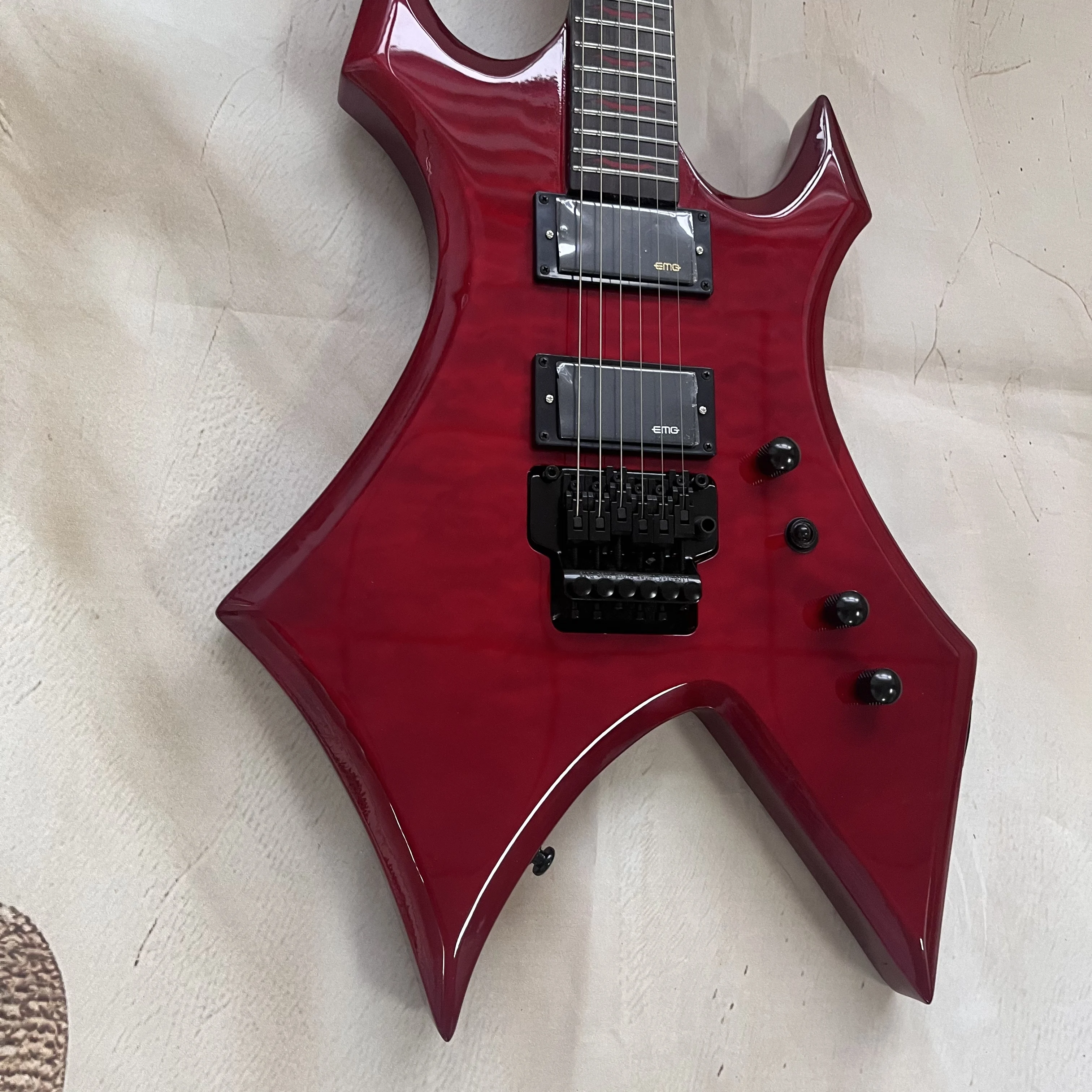 

US Warehouse Gloss Red Warlock Style Electric Guitar Red Inlaid Fretboard HH Pickups 6 String In Stock Free Shipping