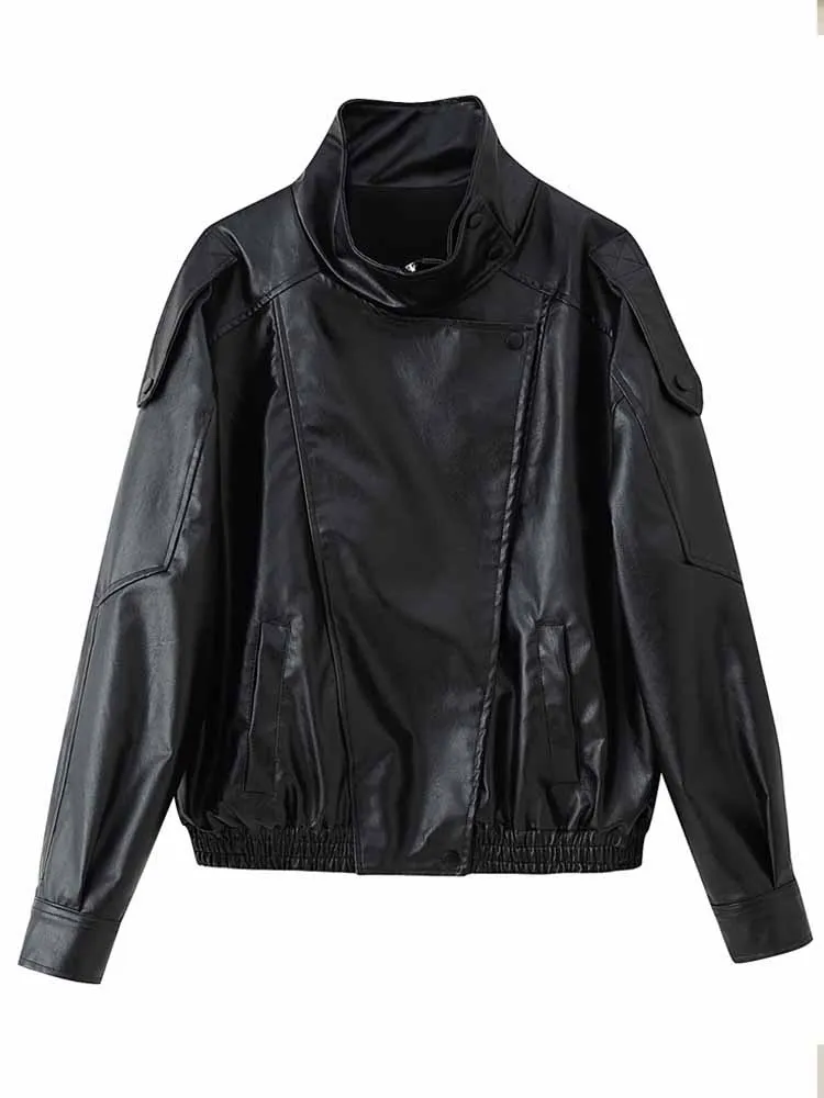 MCDV خمر الشارع بولي Leather الجلود Bomber سترة المرأة الصلبة فضفاض الوقوف طوق سستة جيب معطف 2025 الخريف سيدة شيك ملابس خارجية