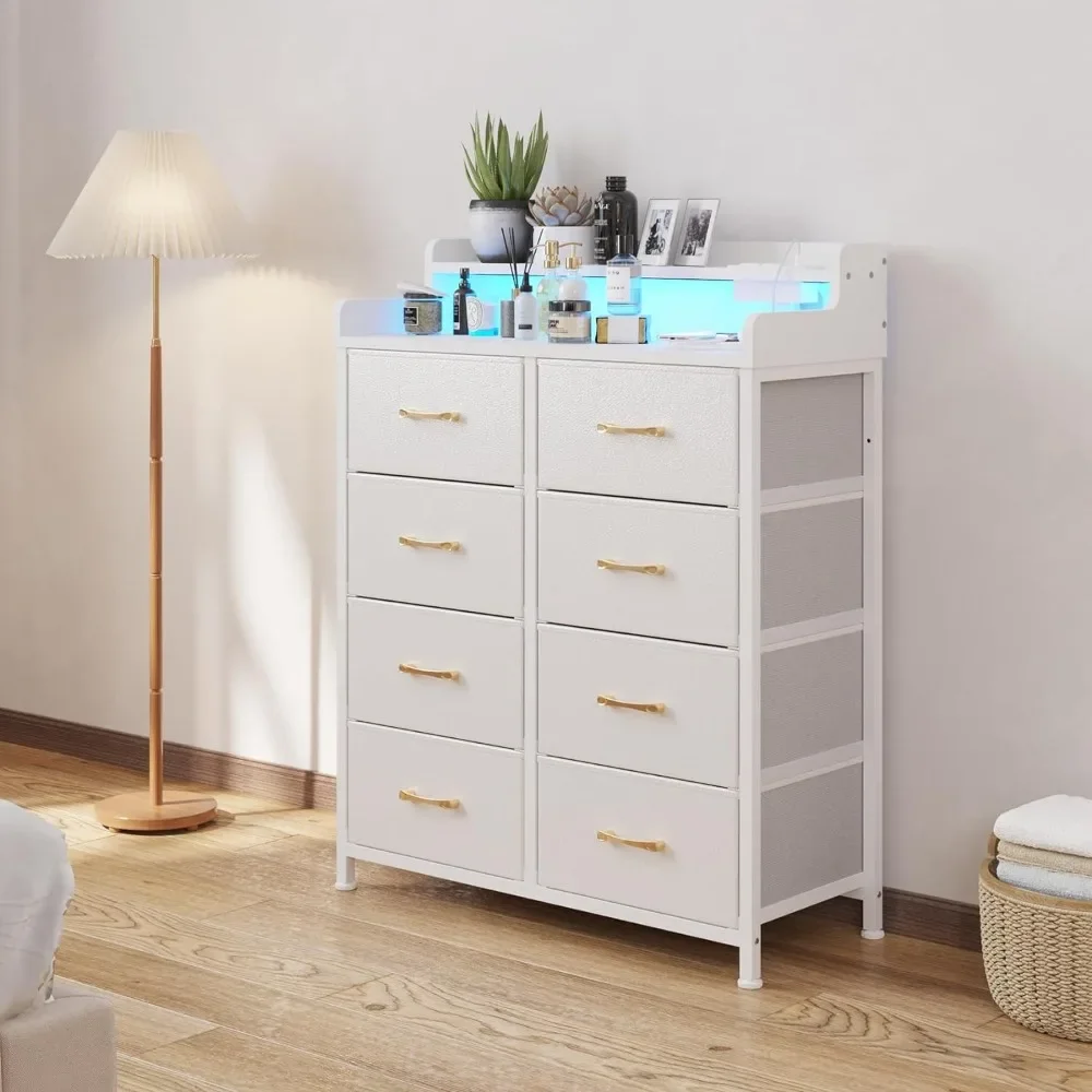 8-Drawers Dresser with Power Outlets, Built-in Power Strips & LED Strips, Fabric Dressers Drawers , Easy Pull Handle (White)