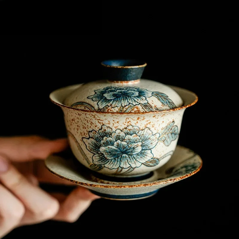 160ml Blue And White Flint Red Gaiwan Handmade Gold Drawing Peony Tea Tureen Tea Maker Cover Bowl Chinese Kung Fu Tea Set Craft