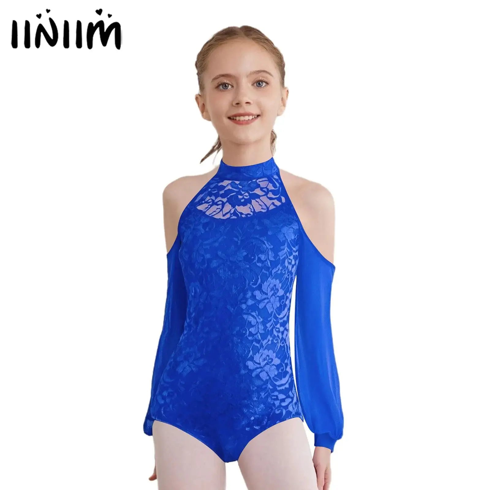 

Kids Girls Gymnastics Leotard Long Sleeves Lace Leotard Bodysuit Sheer Mesh Figure Skating Ballet Jersey Dance Costume Dancewear