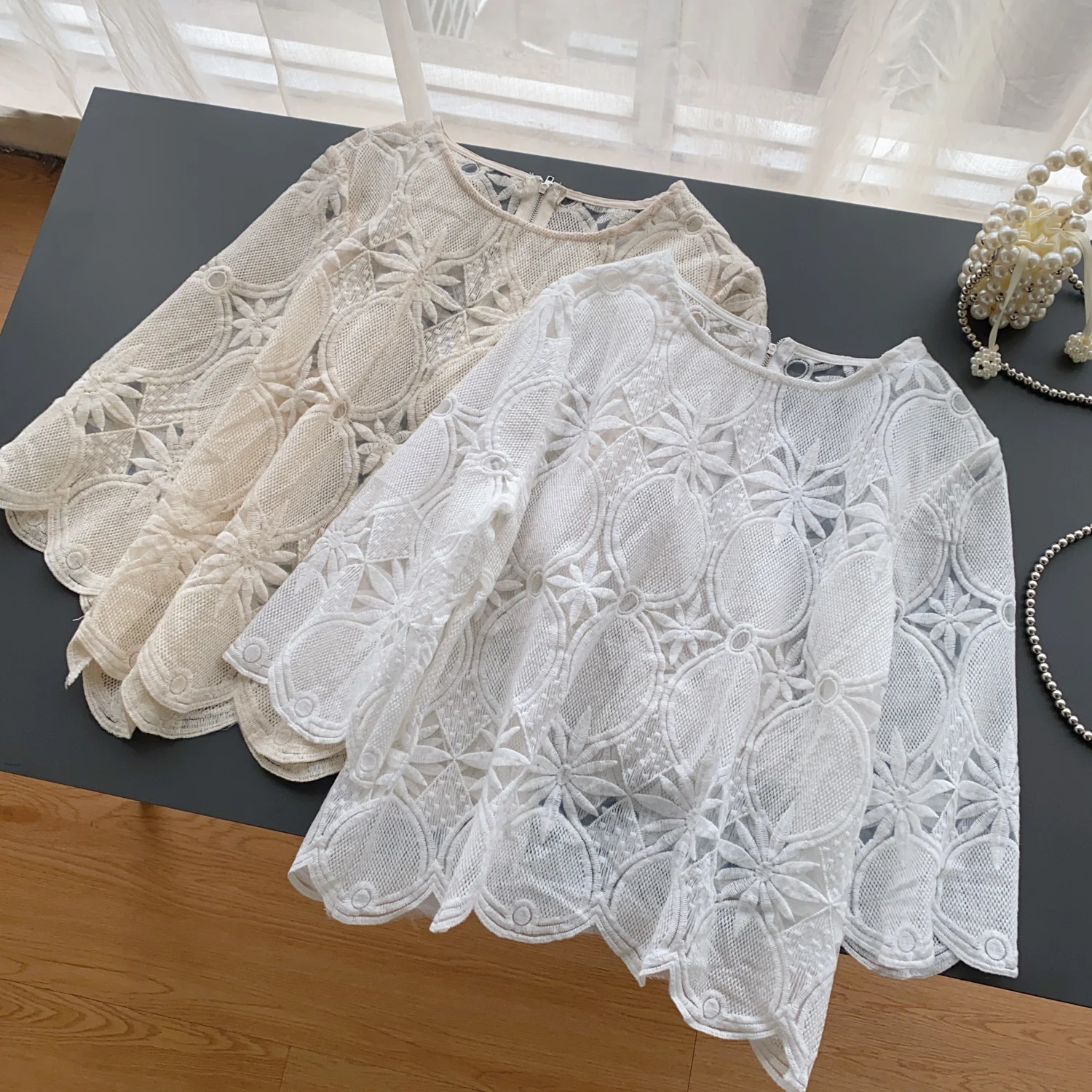 

Clothland Women Sweet Hollow Out Lace Blouse Three Quarter Sleeve See Through Shirt Transparent Chic Tops Blusa LB276