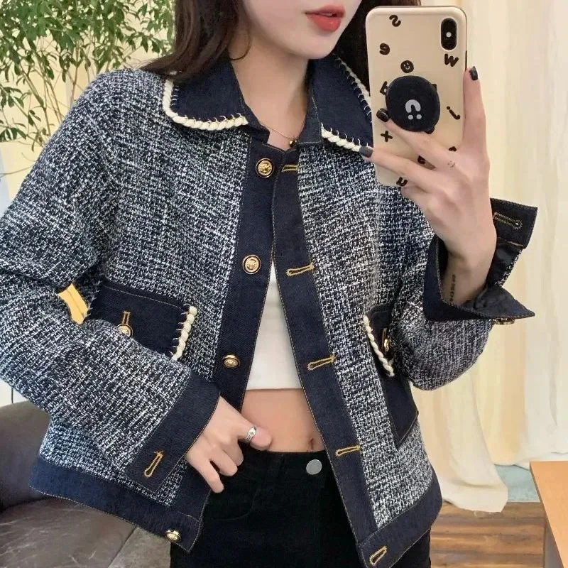 

Xiaoxiangfeng Denim Jacket Women's Short 2024New Spring Autumn Overwear Joker Retro Cowboy Coat Houndstooth Female Blouse Tide