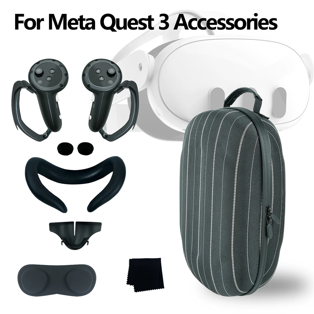 Whole Set for Meta quest 3 storage bag silicone sweat mask protection front cover lens protection cover blackout nose handle sle