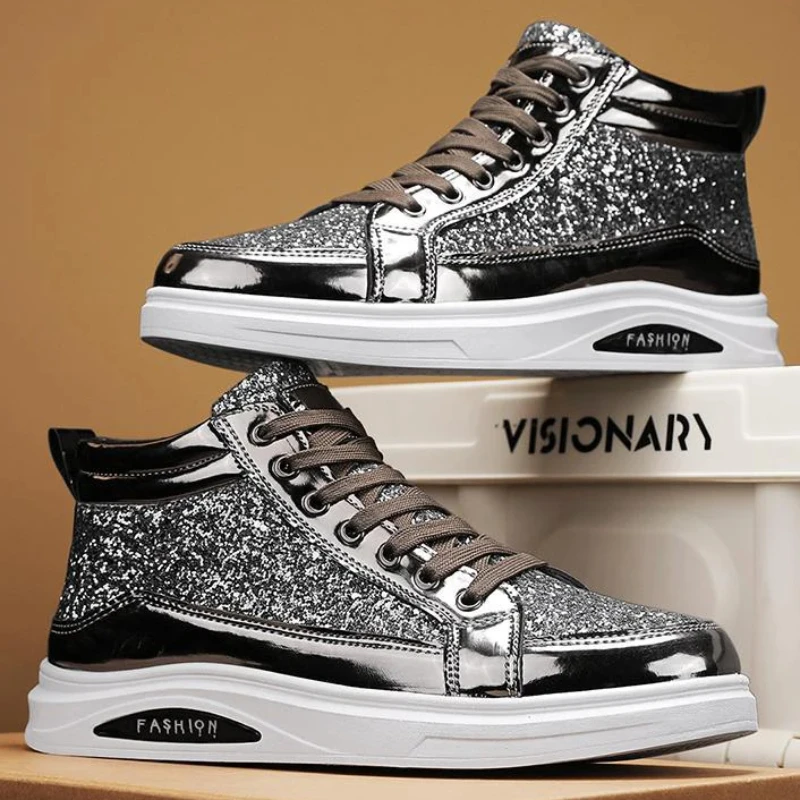 2025 new men casual sneaker large size 39-46 fashion high top black silver sequin splicing luxury shoes hair stylist skate shoes