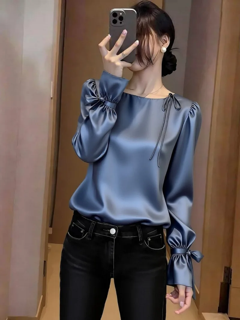 New Fashion Soft Silk Satin Blouse Women Spring Summer Lace-up O-neck Long Sleeve Office Work Casual Loose Elegant Tops