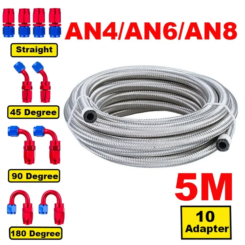 16FT 5M AN4 AN6 AN8 Car Fuel Hose Oil Gas Cooler Hose Line Pipe Tube Stainless Steel Braided Inside CPE Rubber + 10 End Adapters