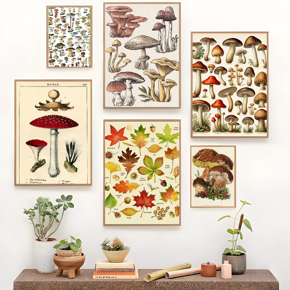 Botanical Art Prints Mushroom Retro Anime Posters Sticky Whitepaper Sticker DIY Room Bar Cafe Kawaii Room Decor