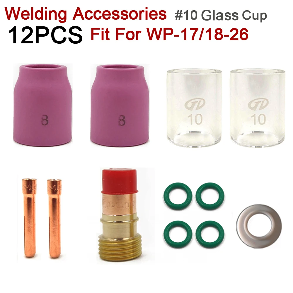 12PCS Welding Torch Stubby Gas Lens For WP-17/18/26 #10 Pyrex Glass Cup Kit Durable Practical Welding Accessories