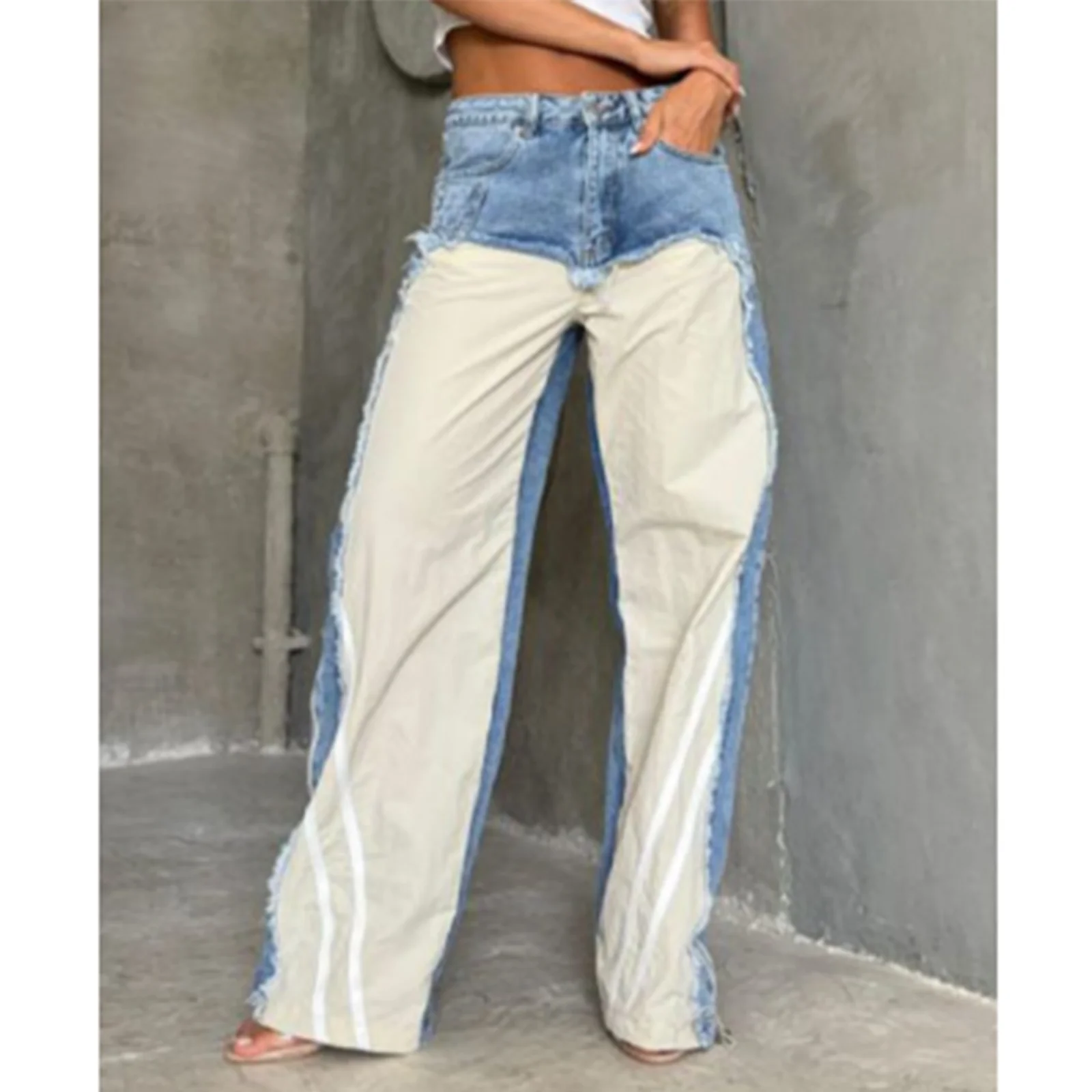 

Women Patchwork Denim Pants Low Waist Loose Trousers Fashion Side-Straps Casual Pants Ladies New Straight Wide-Leg Pantalones