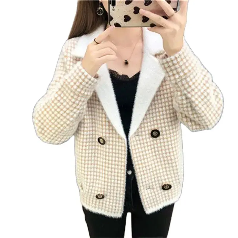 

Imitate Mink Velvet Plaid Woolen Coat Women Fashion Knitted Cardigan Coat Korean Spring Autumn Winter Winte Jacket Tops Female