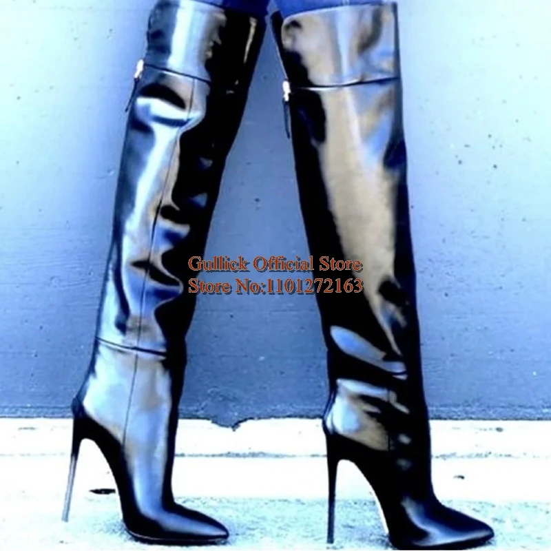 

Top Leather Women Tall Boots Side Zipper Pointed Toe Stiletto High Heels Pink Black Brown Winter Boots Plus Size 43