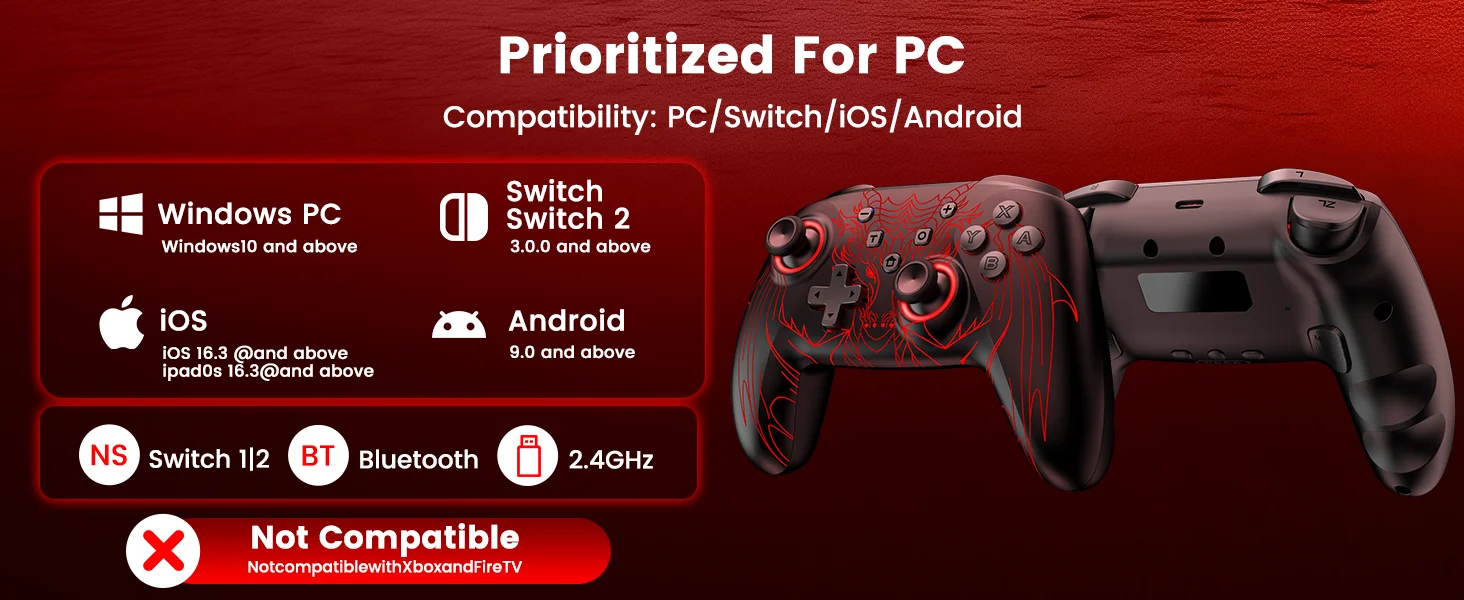 Dinofire Wireless Bluetooth RGB Controller for Nintendo Switch/Switch OLED/Lite Mobile Wired PC Gamepad Multi-Function Joystick