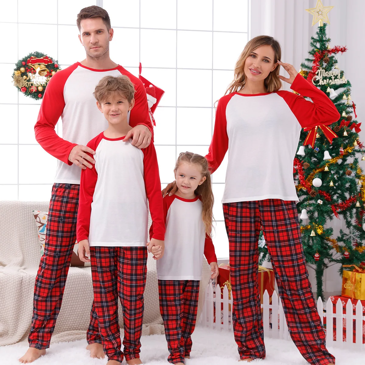 2023 New Year Clothes Christmas Family Matching Outfits Mom Dad Kids Pajamas Set DIY Blank 2 Pieces Clothing Sets Xmas Look Pjs