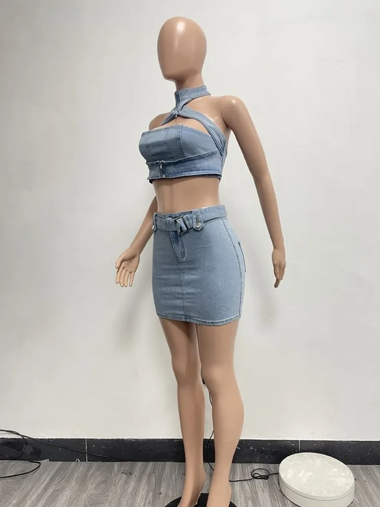 Mini jupe en jean évidée pour femme, ensemble 2 pièces, haut et jupe cargo assortis, tenue de club élégante, sexy, été, 2024